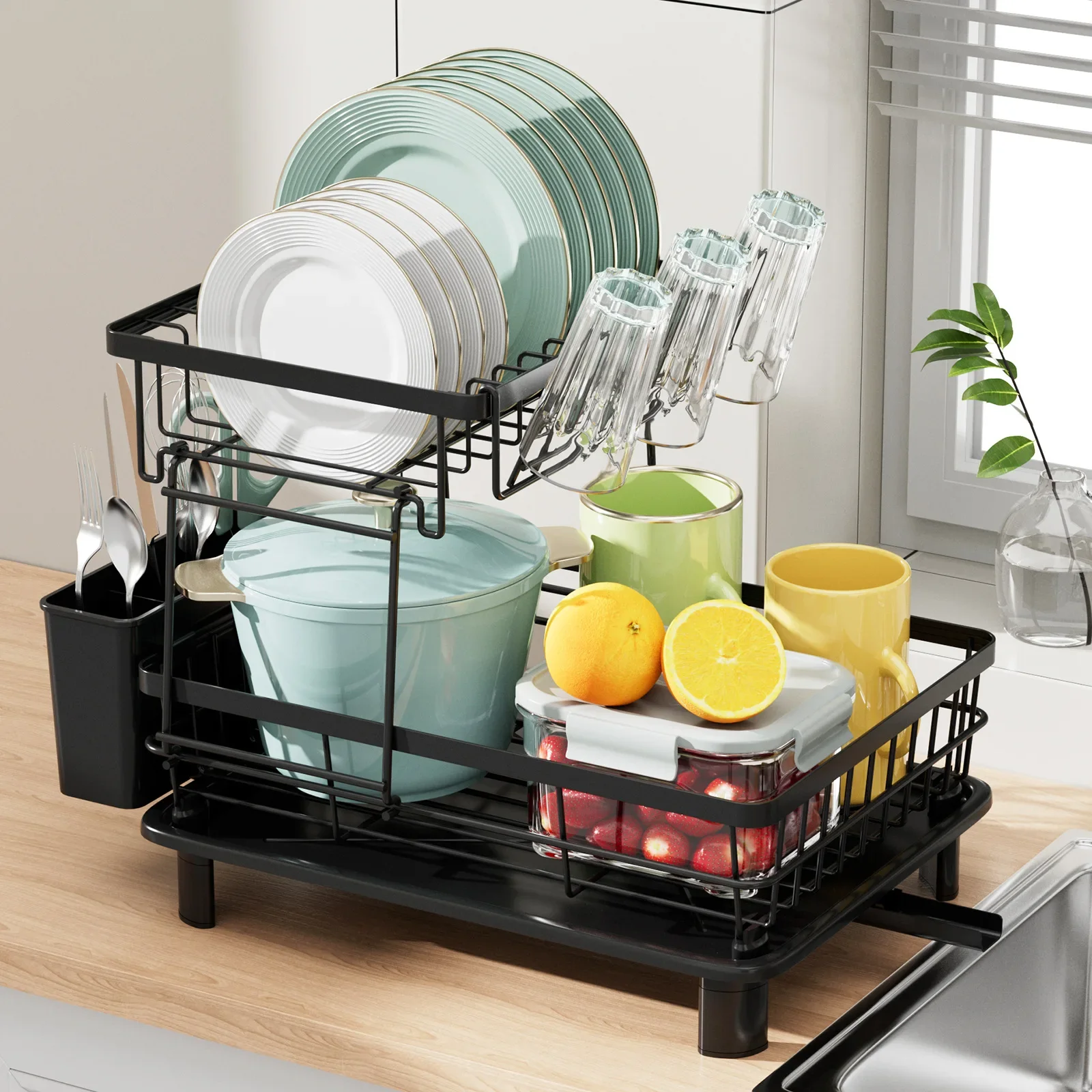 

Kitchen Dish Drying Rack with Drain Basket, Dish Bowl Drainer, Storage Rack, Countertop Dinnerware Organizer, Drainboard, 2 Tier