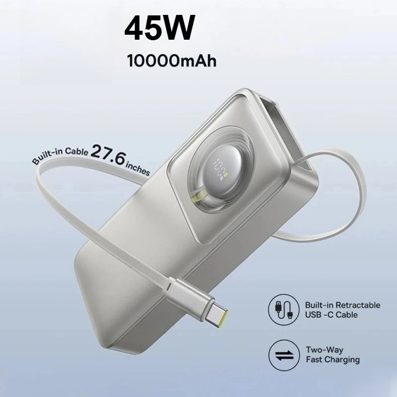 10000 mAh Power Bank 45 W Intrekbare Ingebouwde Type-C Snelle Oplaadkabel Voor iPhone 17 16 voor Samsung S25 Poco voor Xiaomi Laptop