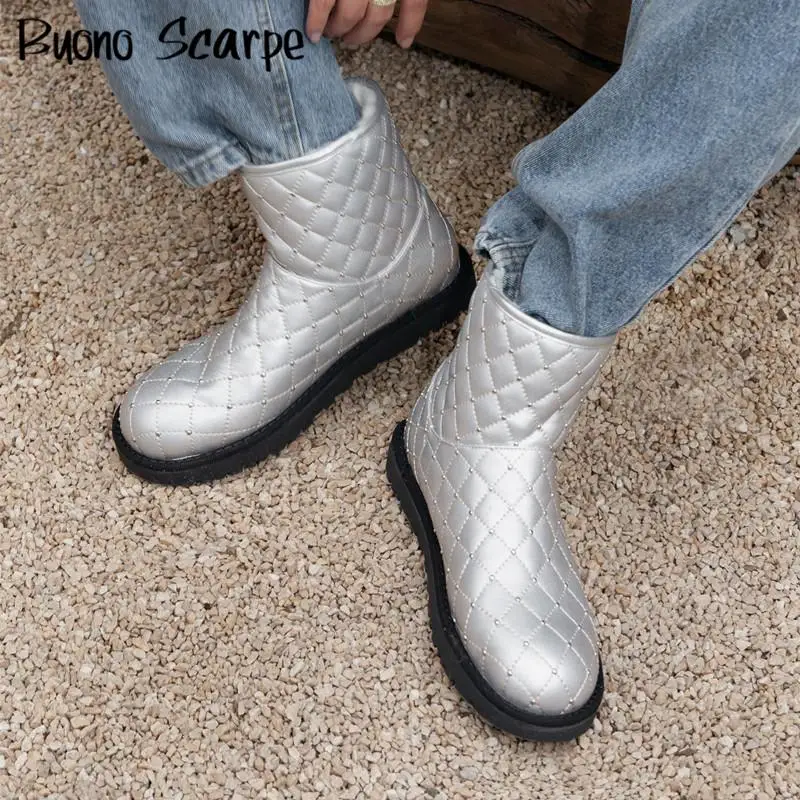 

Metal Decorations Crystal Round Toe Thick Sole Platform Chunky Heels Women Snow Boots Solid Color Fashion Western Casual Shoes