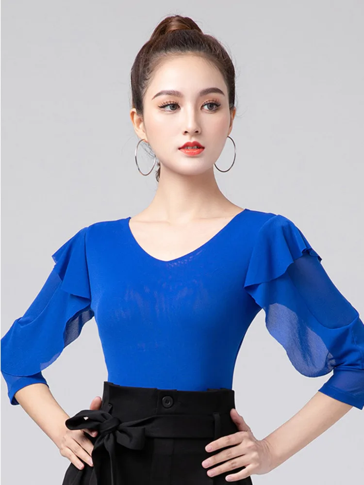 2023 Mesh Ballroom Tango Latin Tops Girls Elegant Latino Practice Dance Wear Women Solid Color Slim Fit Ruffle Tops Clothes