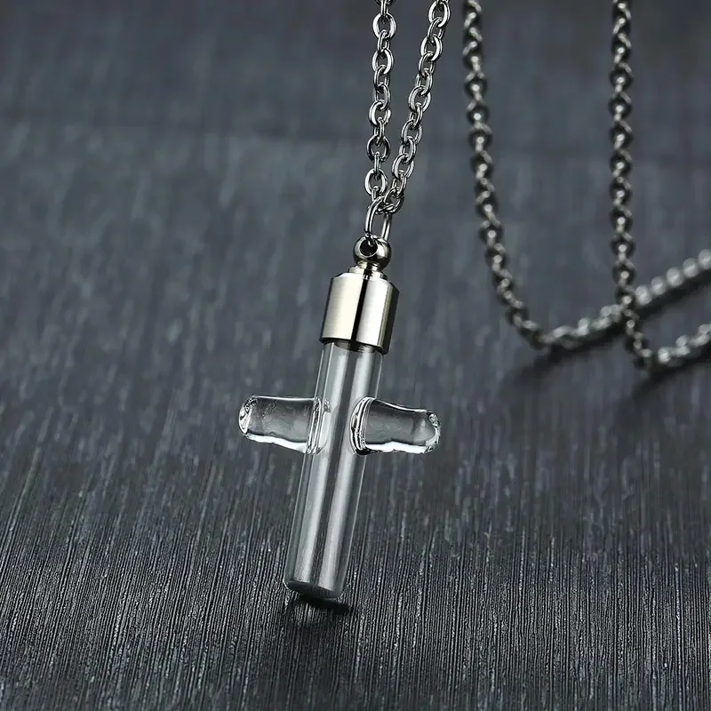 Mini Cremation Cross Glass Cremation Jewelry for Ashes Necklace Stainless Steel Keepsake Pendants Memorial Jewelry for Ashes