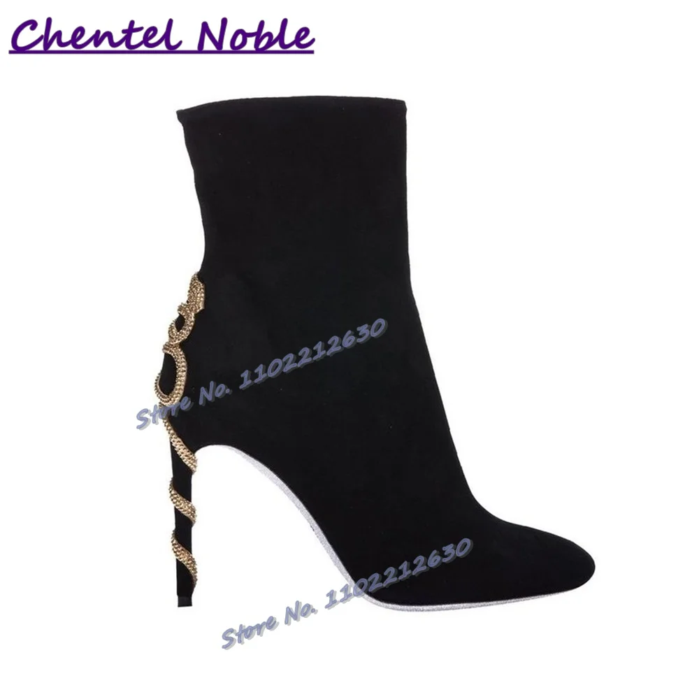 Snake Shape Rhinestone Wrap Heel Boots Black Suede Pointy Toe Thin High Heels Winter Fashion Luxury Sexy Women Shoes Ankle Boots