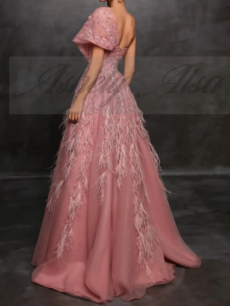 Elegancka różowa suknia wieczorowa na jedno ramię z koralikami z piórami o długości do podłogi dla kobiet Suknia ślubna na imprezę Prom Okazje Nowy