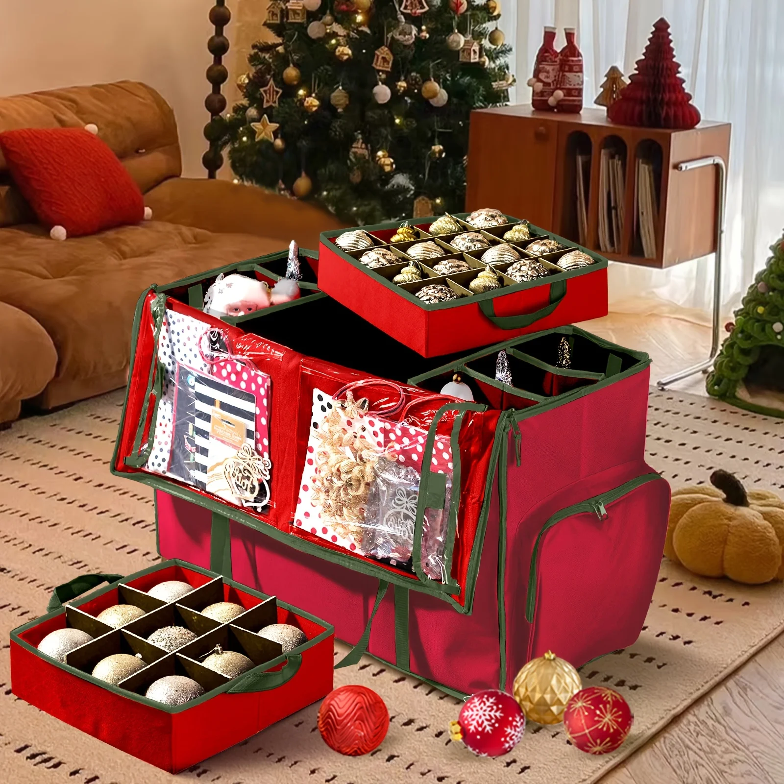 2-in-1 크리스마스 장식 상자 |   장식품 73-200개 수납 가능 |   탈착식 트레이 및 조절 가능한 칸막이