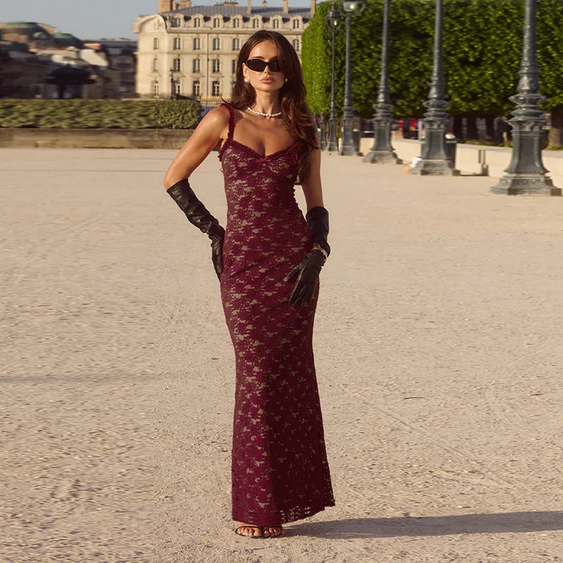 

STYLISH LADY Burgundy Lace Bodycon Maxi Dress 2026 Summer Women Spaghetti Strap V Neck Backless Sheer Formal Party Dress