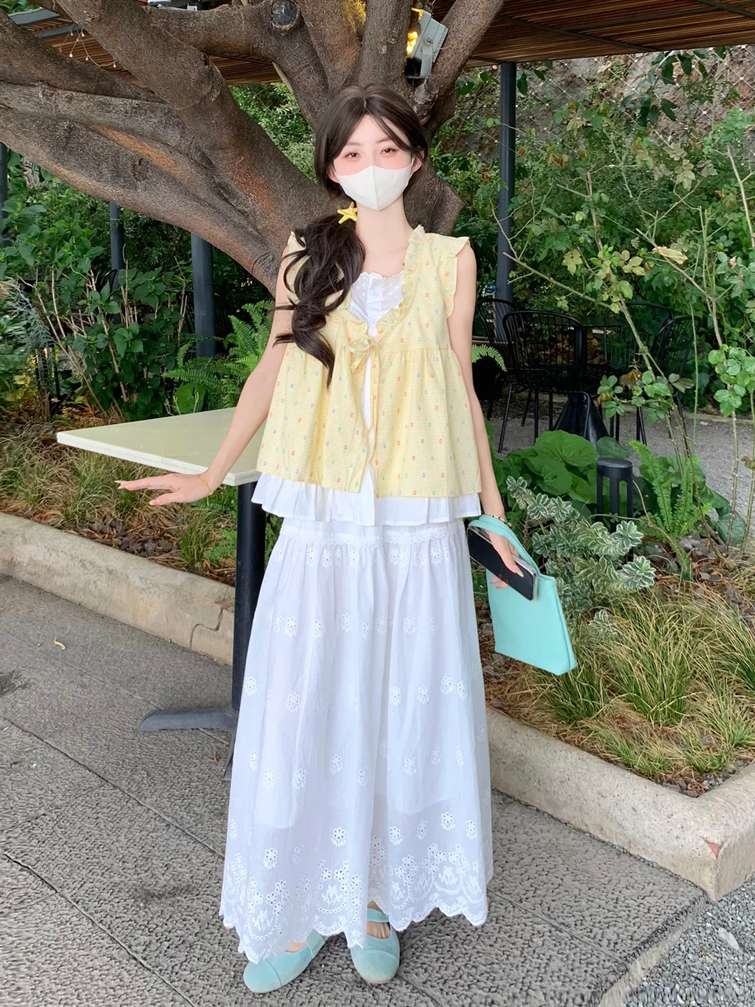 

Sweet Polka Dot Halter Neck Midi Dress with Detailing Summer Fashion Set plus Size Women's Clothing Bubble Sleeve Shirt
