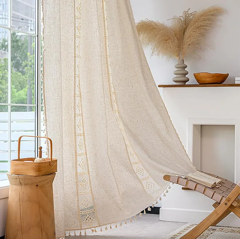 Cotton Linen Lace Drape Curtain Tassel Rod Pocket Semi-Sheer Boho Bedroom Living Room Farmhouse Rustic Window Curtain Panels