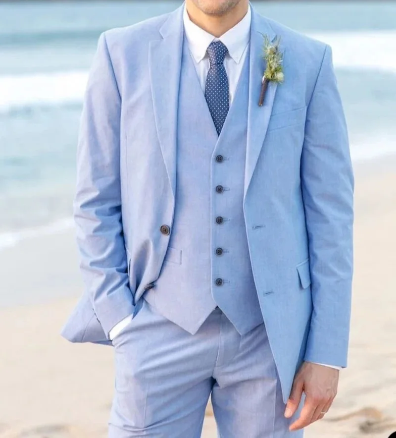 Traje azul claro para hombre, chaqueta de esmoquin, chaleco y pantalones, 3 piezas, diseñador, boda, ocasión Formal