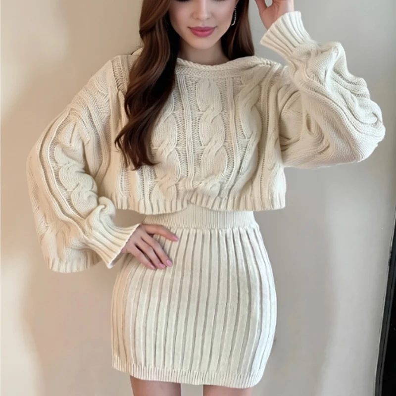 

Retro Knitted Set Autumn/Winter Elegant Hooded Pullover Sweater and High Waist Hip Short Skirts 2-piece Set Sweet Women Knitwear