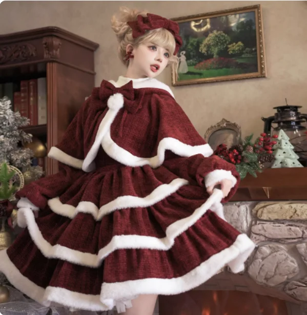 ชุดเดรสสไตล์โลลิต้า คอเฉียง ทรงเจ้าหญิง สีแดง สำหรับฤดูใบไม้ร่วง ฤดูหนาว ปีใหม่ และคริสต์มาส แฟชั่นเอวสูง ช่วยลดอายุ ดีไซน์กระโปรงทรงเค้ก สายเดี่ยว