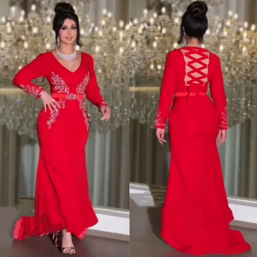 

Customized Chinese Style Jersey Sequined Pleat Trumpet V-neck Midi Dresses Bespoke Occasion Pastrol Retro