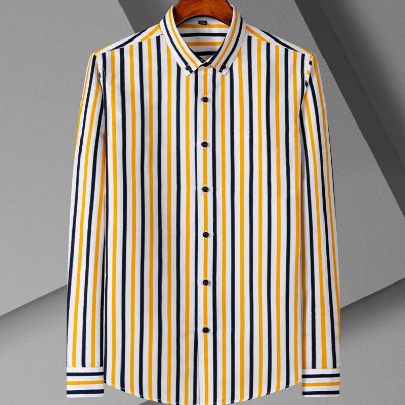 Long Sleeve Male Shirt Striped Ironing Free Men\'s Social Shirts Camicia Summer Dress Casual Shirt High-End Luxury Man Shirt 4XL