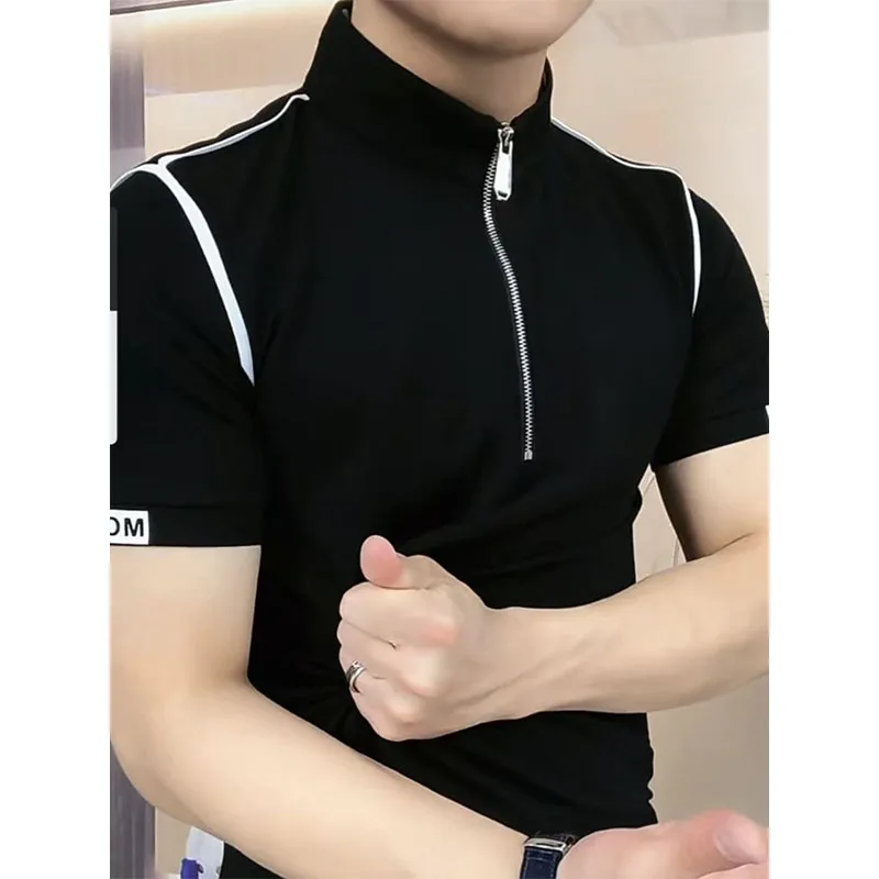 Trendy Men's Short-sleeved Stand-up Collar Zipper Front Shoulder Contrast T-shirt Polo Shirt Light Luxury Summer Mint