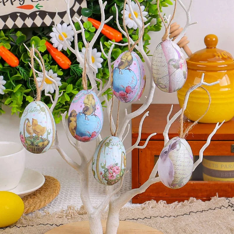 6pcs Plastic Bunny Painted Easter Eggs Pendant Hanging Easter Tree Basket Colorful Eggs Ornament Easter Party Kids Gift decor