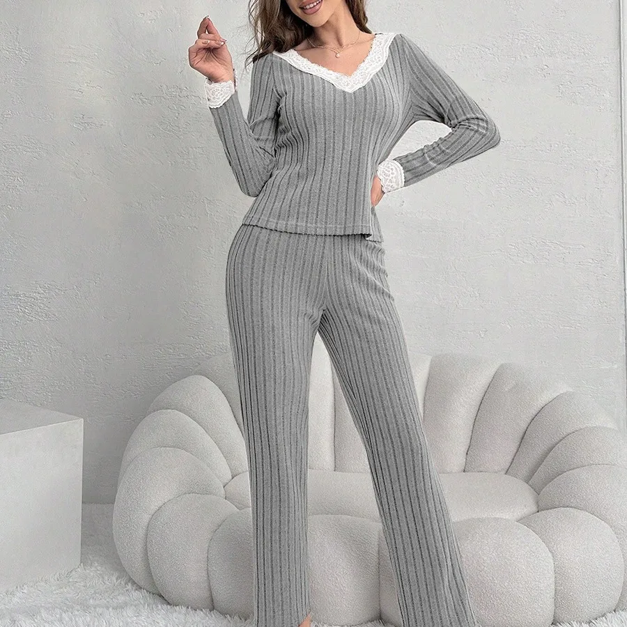 Women\'s Pajama Set Solid Pit Strip Sleepwear Lace V-neck Long Sleeves Tops Trousers Suit Elegant Casual Home Loungewear Nighties