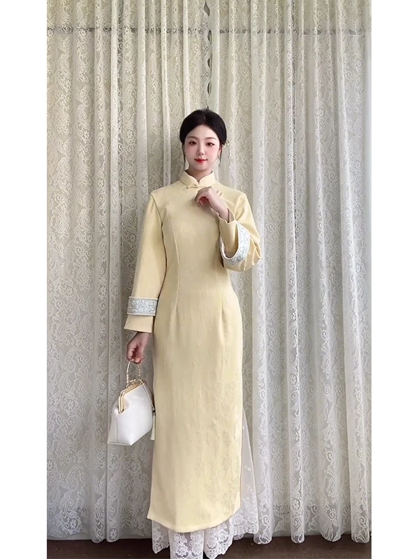 new-chinese-sle-long-sve-yellow-retro-sle-girl's-autumn-winter-new-version-daily-wear-traditional-chinese-dr
