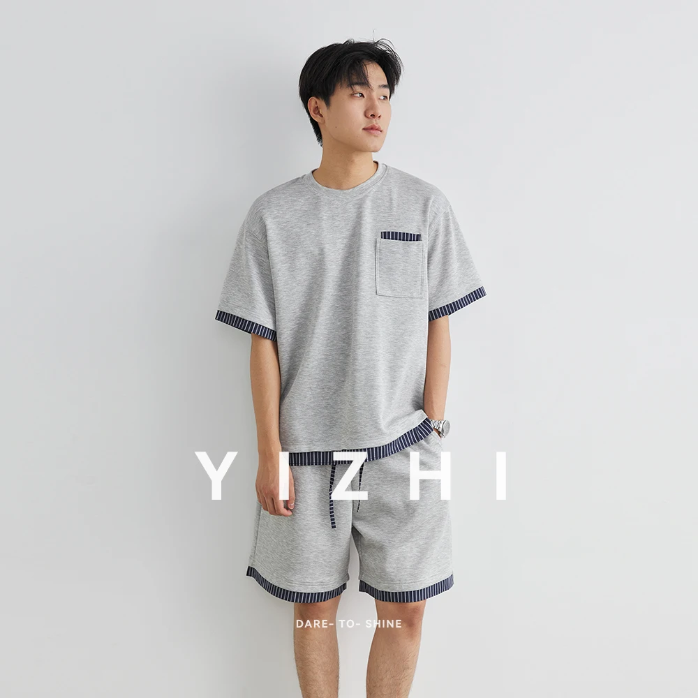 

Summer New Men's Round Neck Striped Short Sleeve T-shirt Shorts Suit Fashion Urban Korean Youth Tops Pants Loose Casual Men Suit