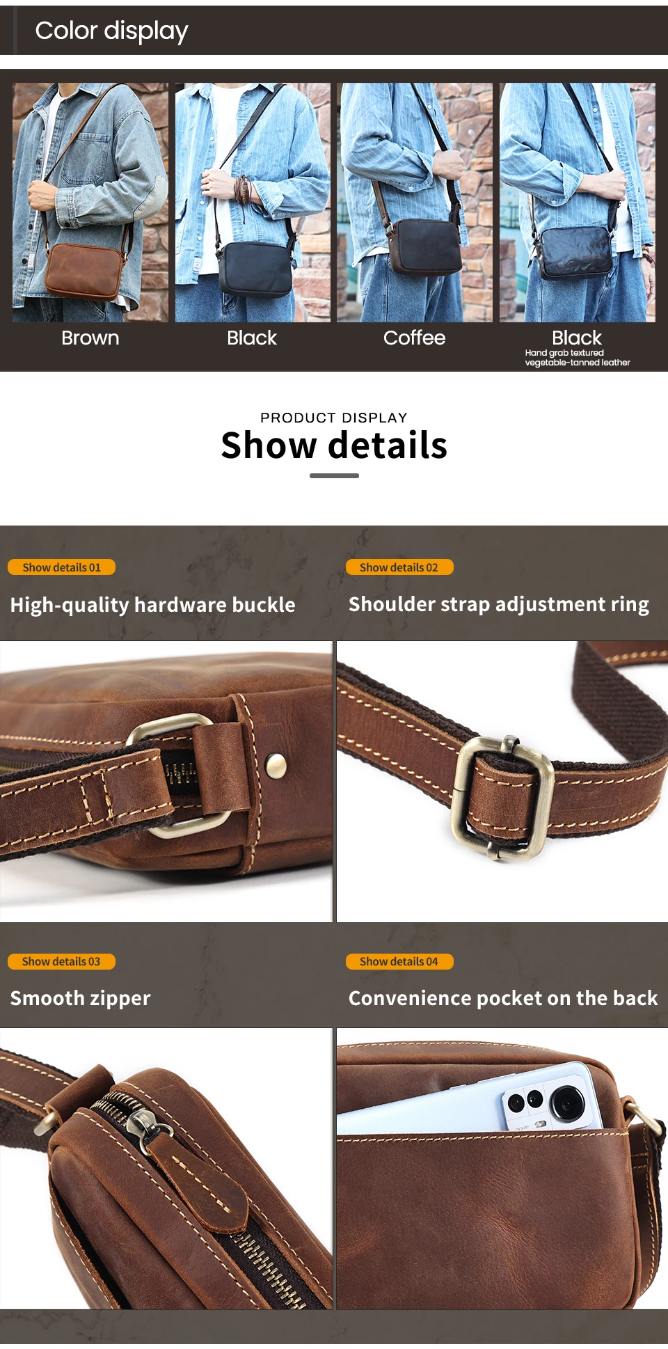 JOYIR Mini-Umhängetasche aus echtem Leder, Reise-Umhängetasche für Damen und Herren, Handy-Geldbörse, Reisetasche, Umhängetaschen – Detail 10