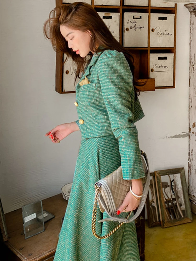 Fashion Office Lady Outfit Vintage Bule Long Sleeve Short Blazer Women Coat Suit Jacket Zipper Midi Skirt Business 2 Piece Sets