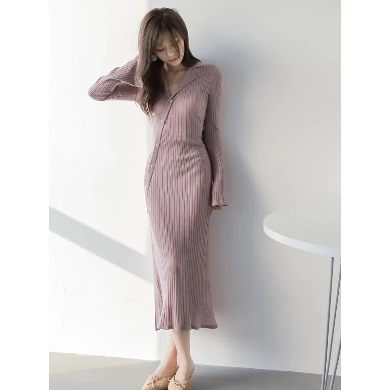 Knitted Flared Sleeve Sexy Ladies Birthday Party Temperament Women Y2K Elegant Notched Club Clothes Fashion Streetwear Dress