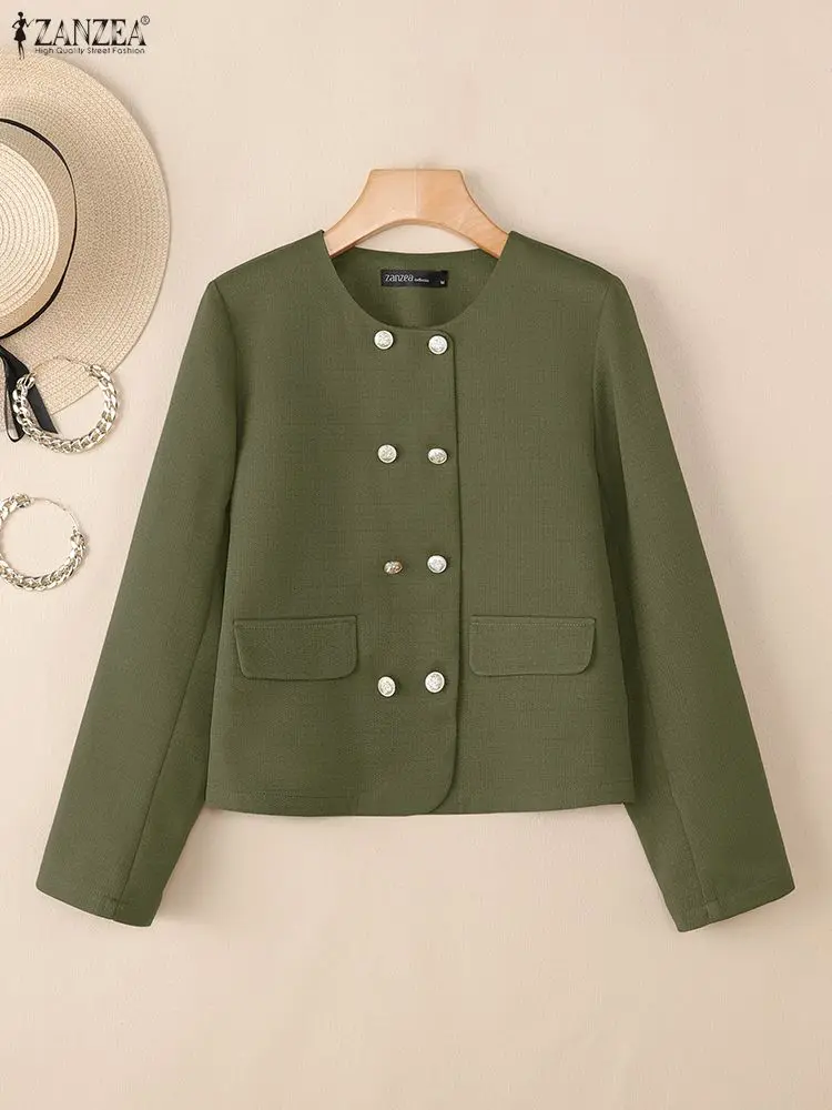 

ZANZEA, осенне-зимний пиджак, верхняя одежда, модный пиджак, куртки для женщин, 2025 г., повседневные однотонные облегающие костюмы с круглым вырезом и длинными рукавами, пальто