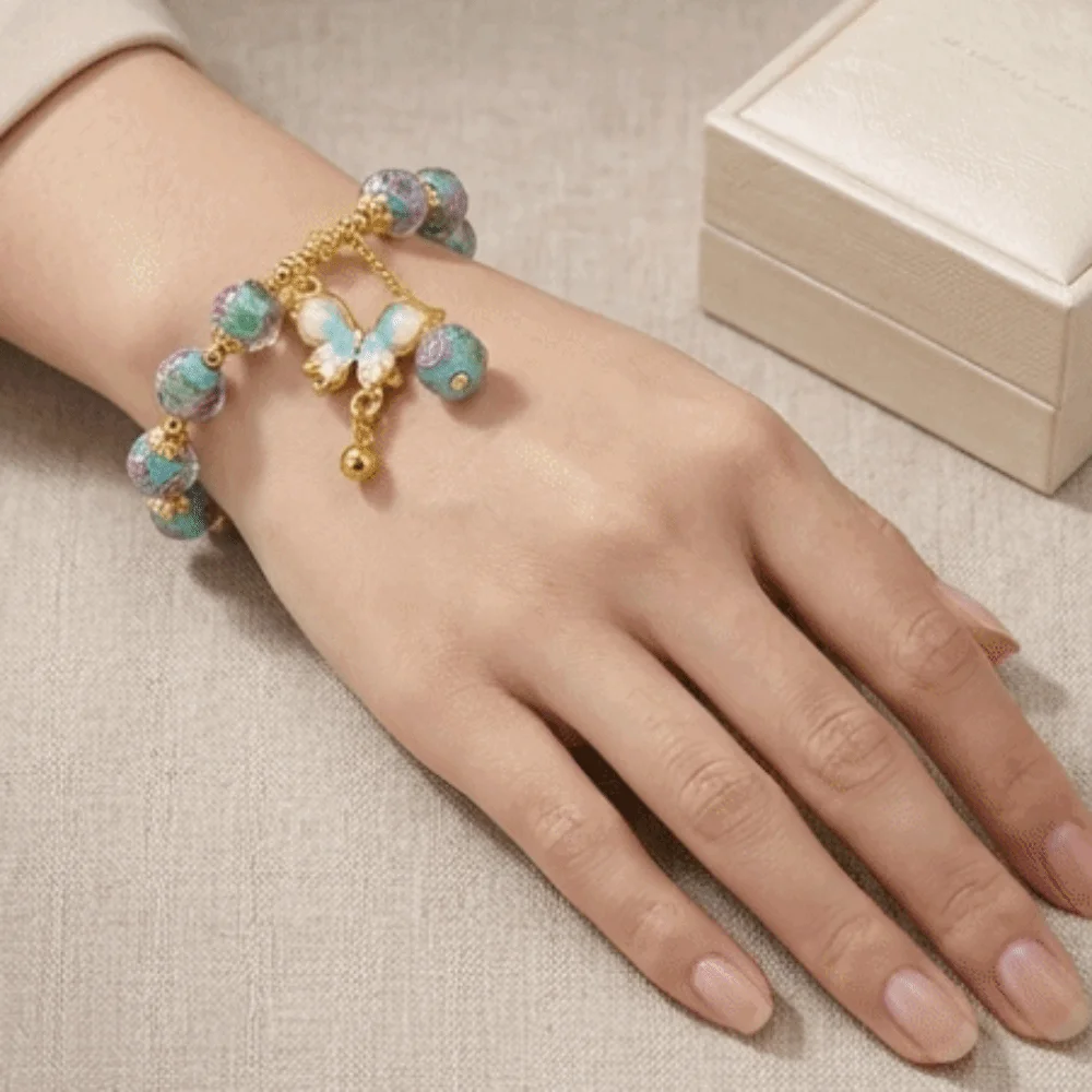 Skin-Friendly Beaded Hand Chain Delicate Enamel Drip Technique Butterfly Pendant Bracelet Vintage Style Sweet Handmade Jewelry