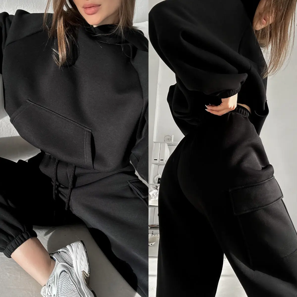 Autumn Women\'s Tracksuit with Zipper Cotton Oversize White Casual Two Piece Set Women  Sports Trouser Suits for Women