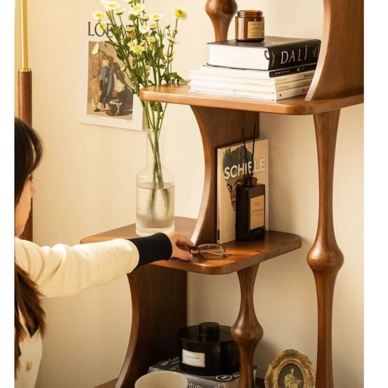 

wood shelf, living room bookshelf, American multi-layer storage rack, small apartment balcony, flower shelf, living room floor