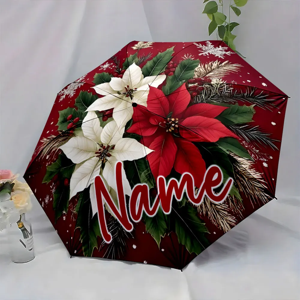 Custom Name Festive umbrella with poinsettias and holiday design Print 8 Iron Ribs Folding Umbrella Auto-Open Fashion Sunshade