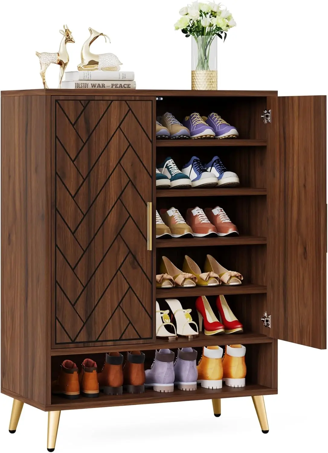 Little Tree 6-Tier 24 Pairs Shoe Cabinet With Doors, Vintage Walnut Wood Entryway Shoe Cabinet With Adjustable Shelves For