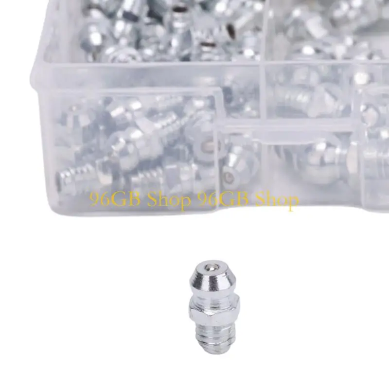 96GB Grease Nipples with Straight, 45-Degree and 90-Degree Geometries in a Clear Compartment Case for Lubrication Work