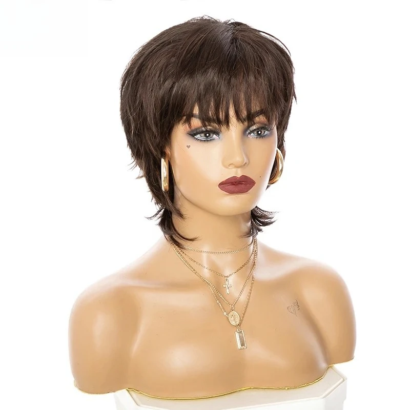 Women's short brown mullet straight synthetic wig, suitable for 1980s rock style cosplay and daily use, wig accessories