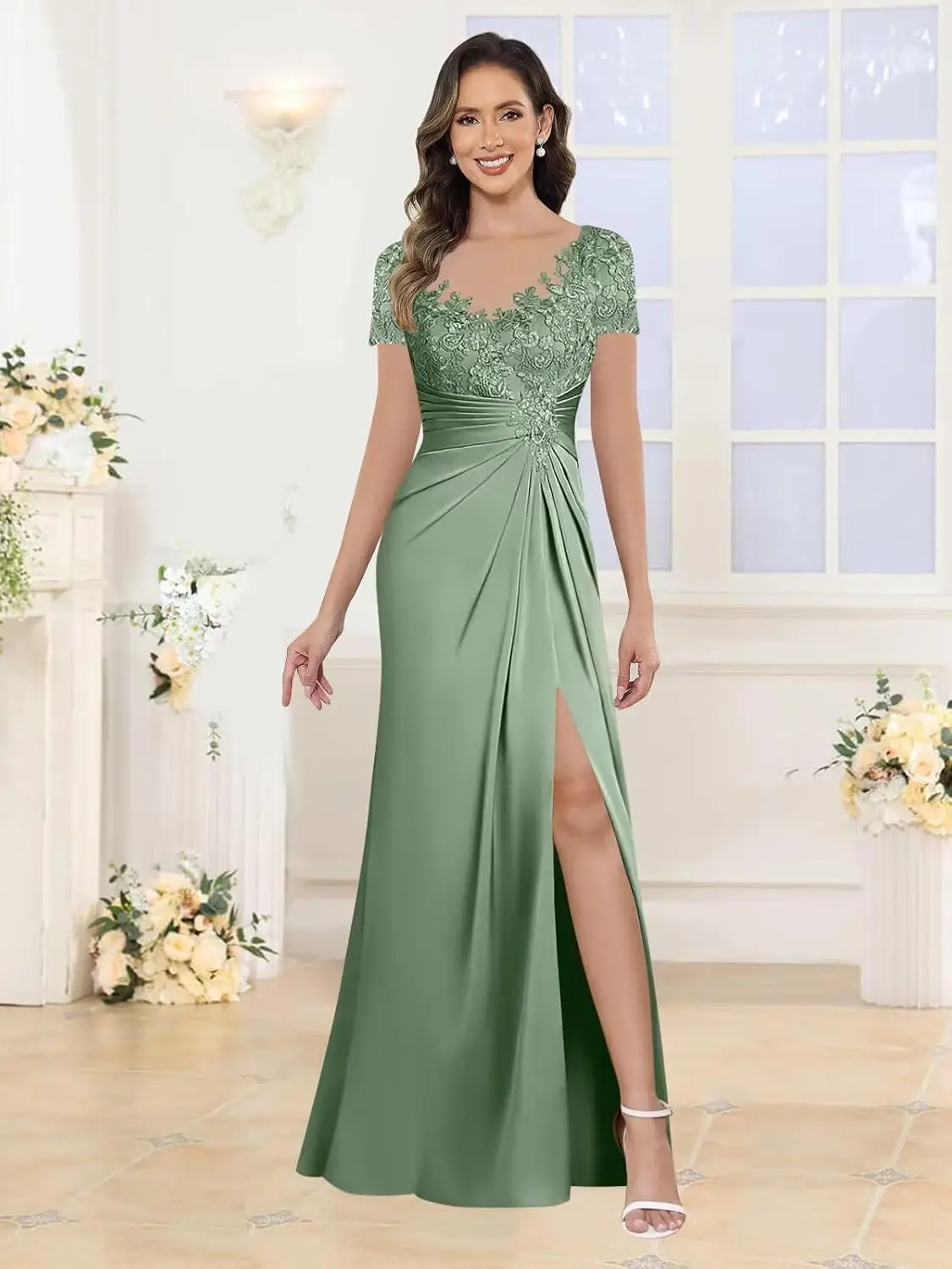 

Short Sleeve Satin Mother of The Bride Dresses for Women V Neck Lace Long Wedding Guest Dresses with Slit