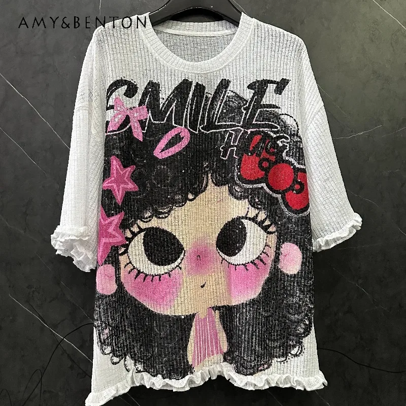 

2026 Summer New Sweet Printed Sequin Girl's Lace-trimmed Short-sleeves T-shirt Women's Loose Fit Casual Top Pullover Y2k Clothes