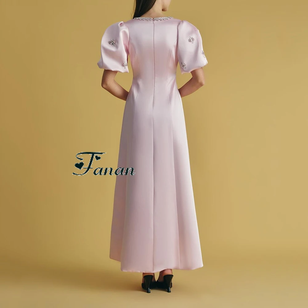 Customized Simple Pink A-line Satin Evening Dress Short Sleeves With Sequined Party Dress Crystal Ankle Length Prom Gown