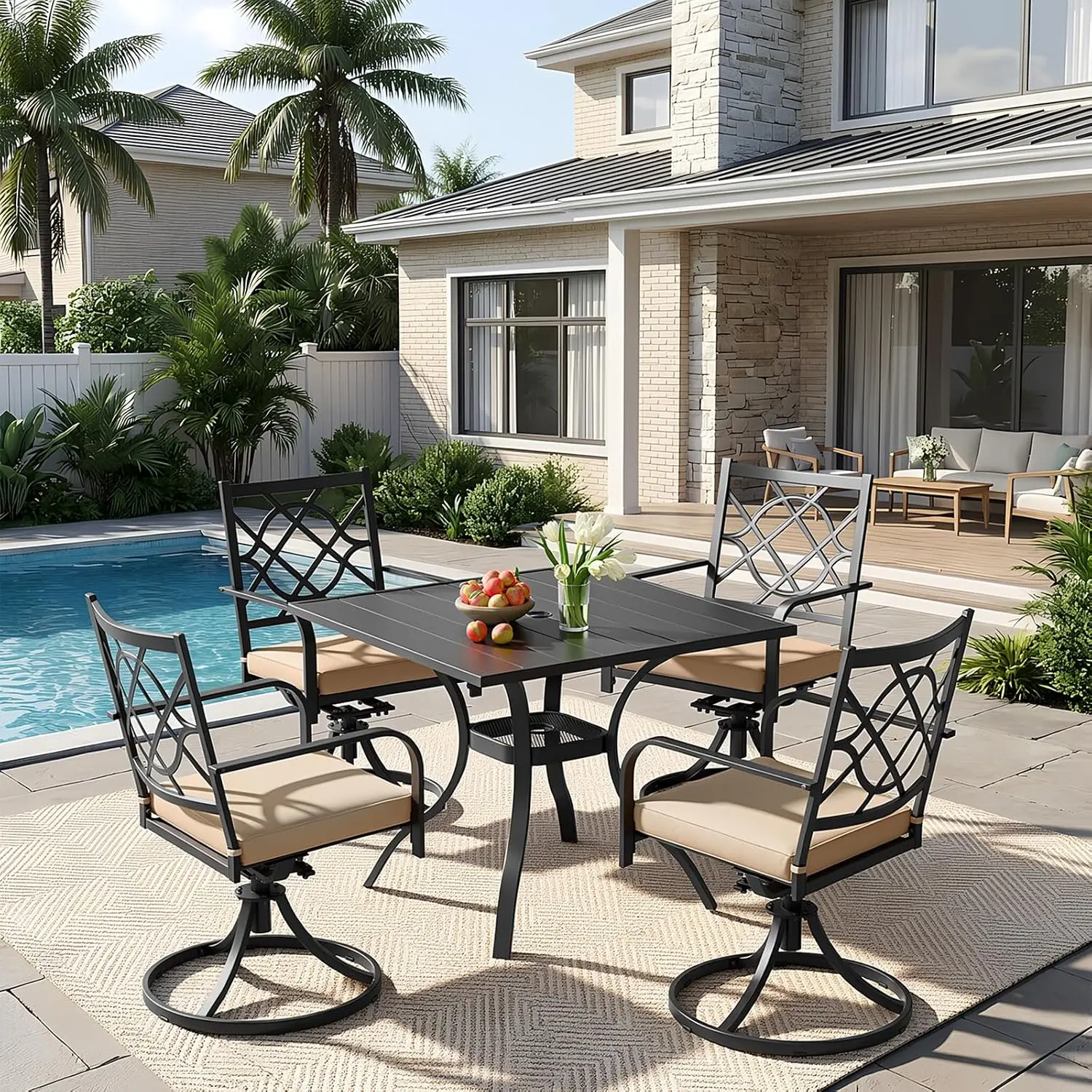 5-Piece Metal Patio Dining Set with Square Table & Umbrella Hole & 4 Swivel Chairs for Garden Lawn Yard, Customized