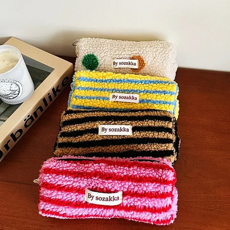 Soft Plush Cosmetic Bag Colored Striped Dot Student Stationery Bag Pencil Case Coin Purse Women Makeup Bags Lipstick Storage Bag