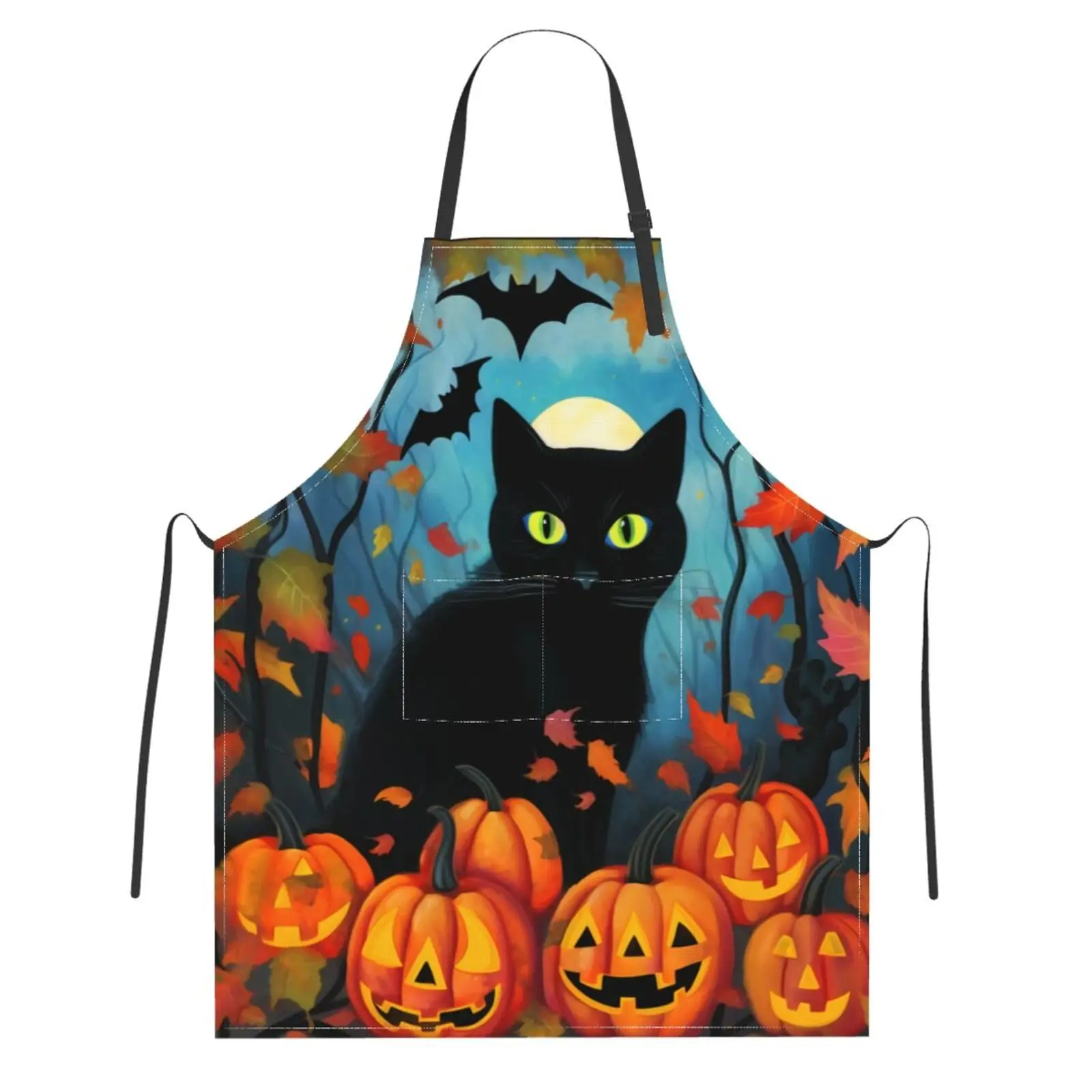 

Black Cat Adjustable Apron with Pockets Halloween Pumpkin Chef Bib for Grilling Cooking Garden