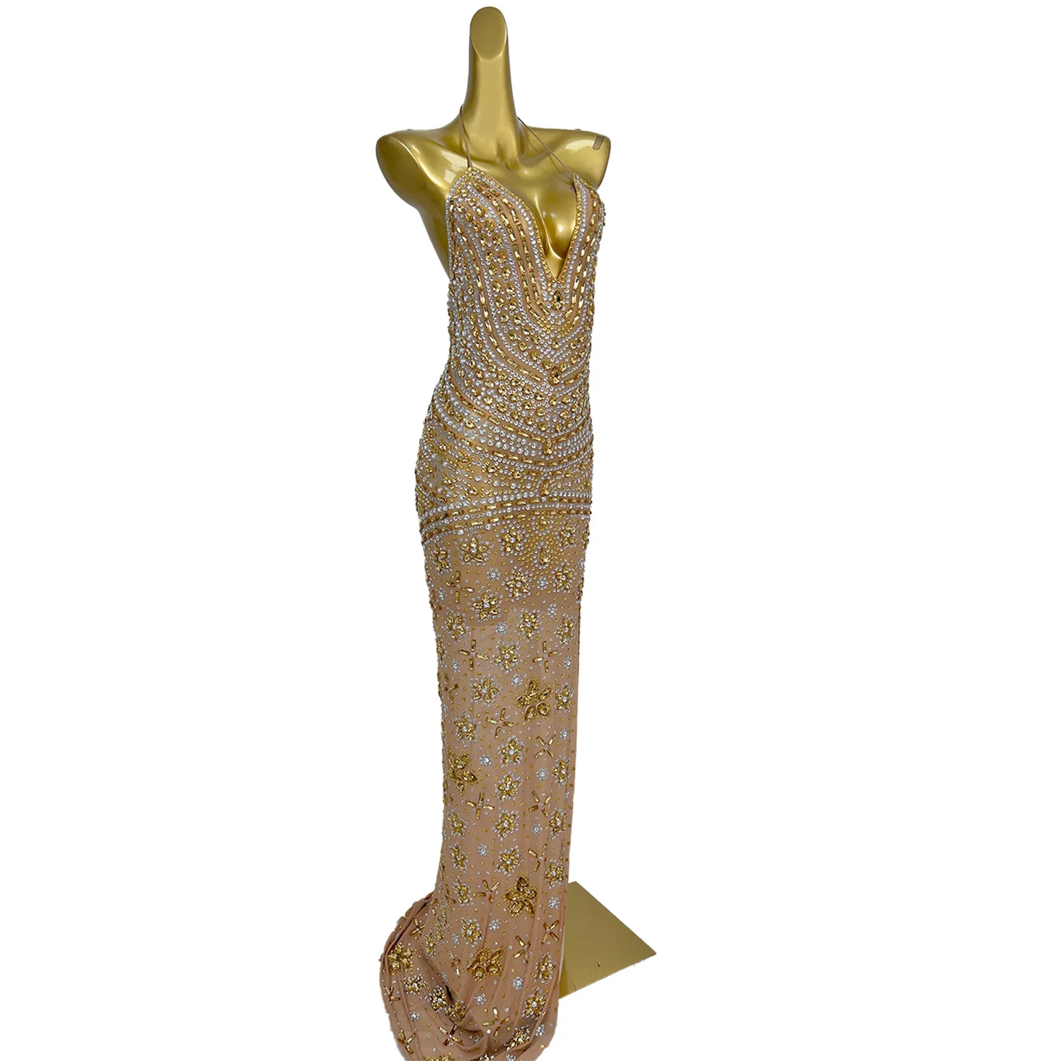 Xiaoxianghua Sexy V-hals Backless Avondjurk Gouden Strass Transparante Mesh Hals Hangin Verjaardag Cocktail Party Jurk