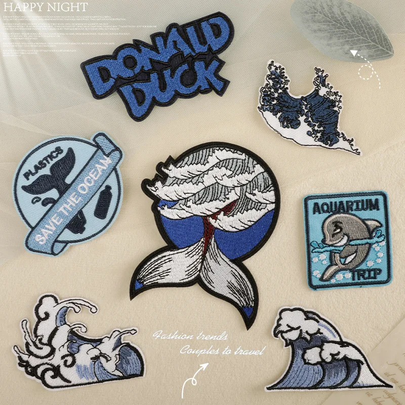 

Whale Tail in The Wave Patches Embroidered Applique Badge Iron On Sew On Emblem for DIY Clothes Dress Hat Jeans