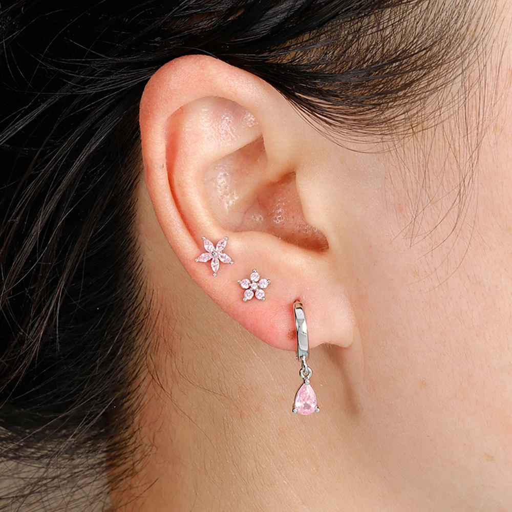 3pcs Stainless Steel Square Pink Zirconia Earrings Set For Women Small Helix Screw Cartilage Piercing Party Jewelry Accessories