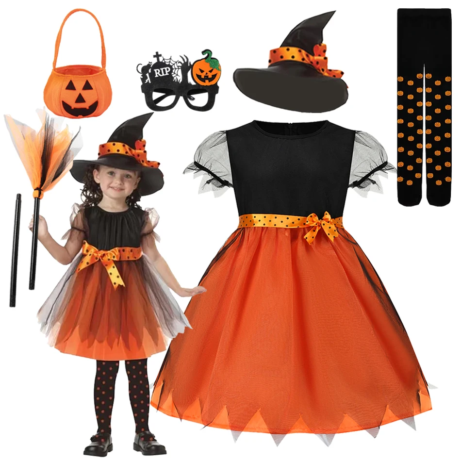 2025 Children's Pumpkin Costume Role Playing Girls Dress Carnival Party Halloween Cosplay Performance Kid Outfit
