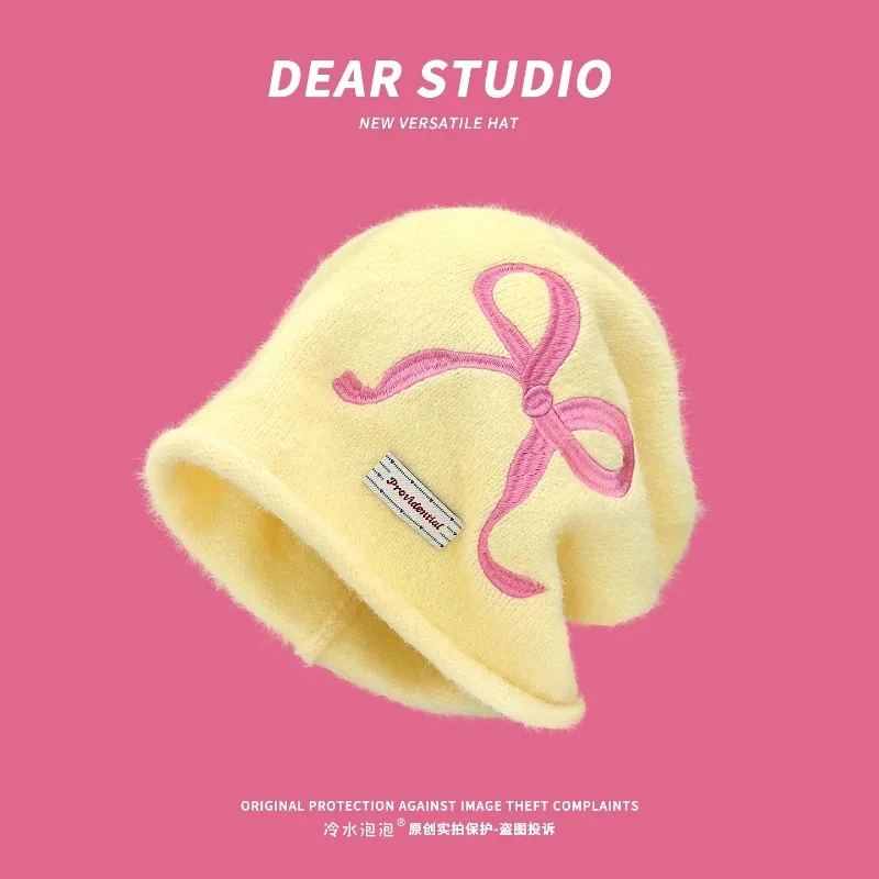 

Ins Sweet Cute Bow Embroidered Plush Beanies Cap Y2K Autumn and Winter Casual Warm Versatile Fashion Pullover Hats for Women
