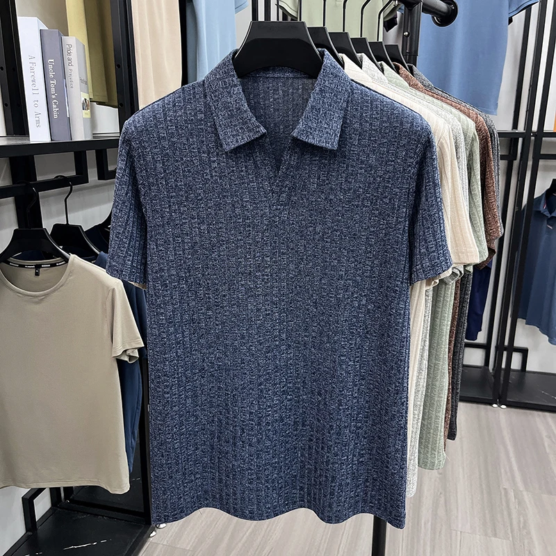 Herren Atmungsaktives Strick-Poloshirt Kurzarm V-Ausschnitt Gestreifter Stoff Bequem Leichtgewichtig Lässig Business Tägliche Kleidung – Detail 26