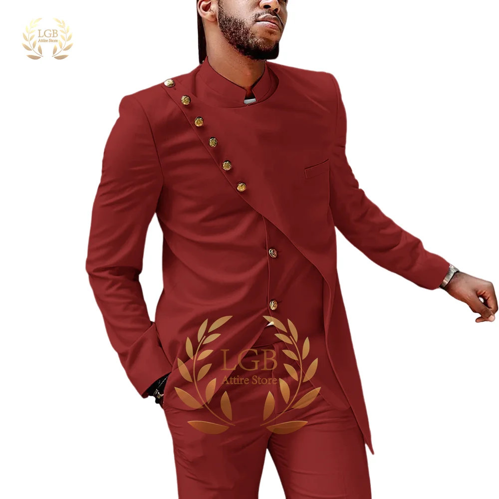 Men\'s stylish single breasted gold button 2 piece off-white suit, African style stand collar custom elegant men\'s casual wear