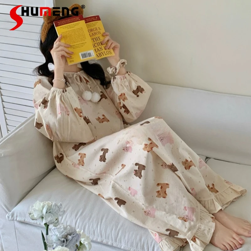 

Cartoon Print Long Women's Nightgown Cotton Brushed Original Autumn Winter Nightwear Female Japanese Style Sweet Sleepshirts