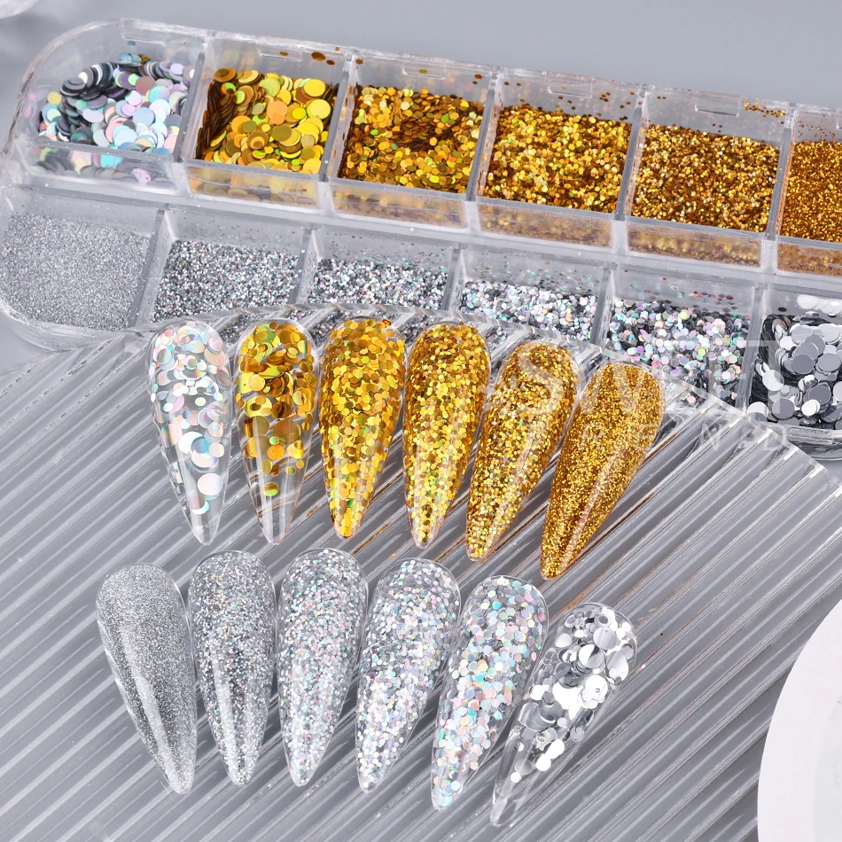 12 شبكة الذهب والفضة مسمار بريق مسحوق المجسم مختلط تألق جولة الترتر رقائق لامعة مانيكير اكسسوارات الديكور فلاش #5