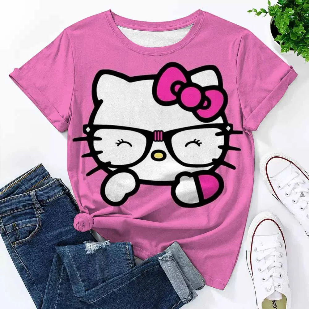 

Hello Kitty print Womens Tshirts Summer Breathable Clothes Casual Fashion Short Sleeve Street Oversized All Match T-Shirts
