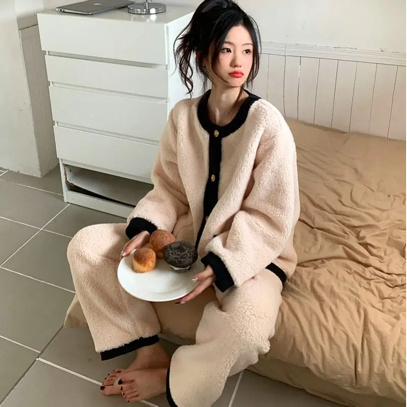 French Furry Pajama Sets Women Thicken Winter Warm Sweet Home Wear All-match Basic Sleep Lace Designed Simple Soft Velvet Chic