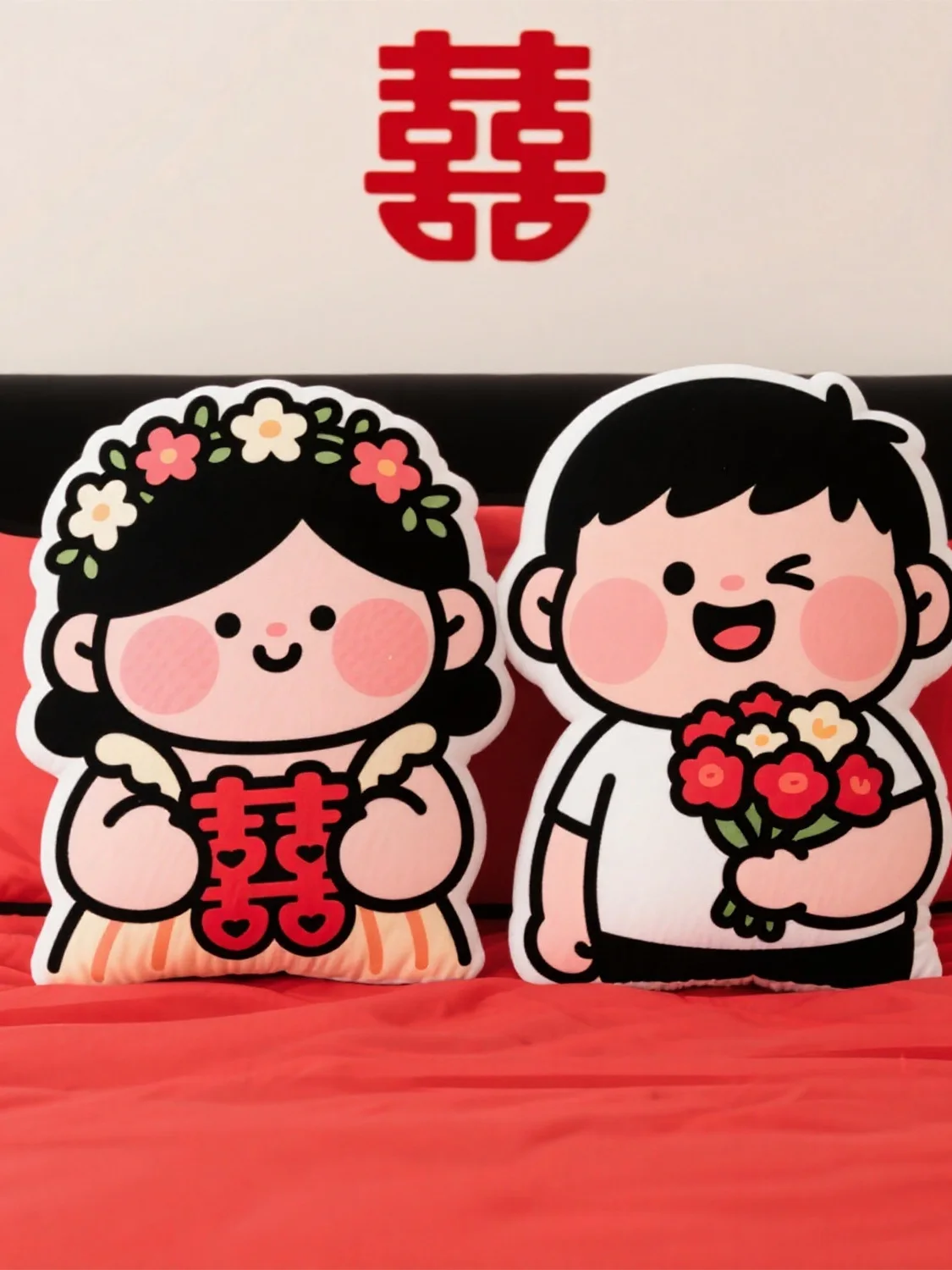 ダブルハピネスキャラクターウェディングドールカップル寝具クッション結婚式の部屋のお祝いの装飾のための高級ギフト